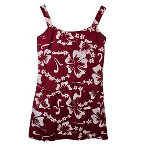 Far Away Womens S Red Hibiscus Floral Print Pinafore Dress Mini Casual Y2K